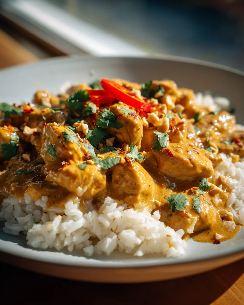 Cremiges Erdnussbutter-Hühnchen-Curry mit Kokosreis Rezept