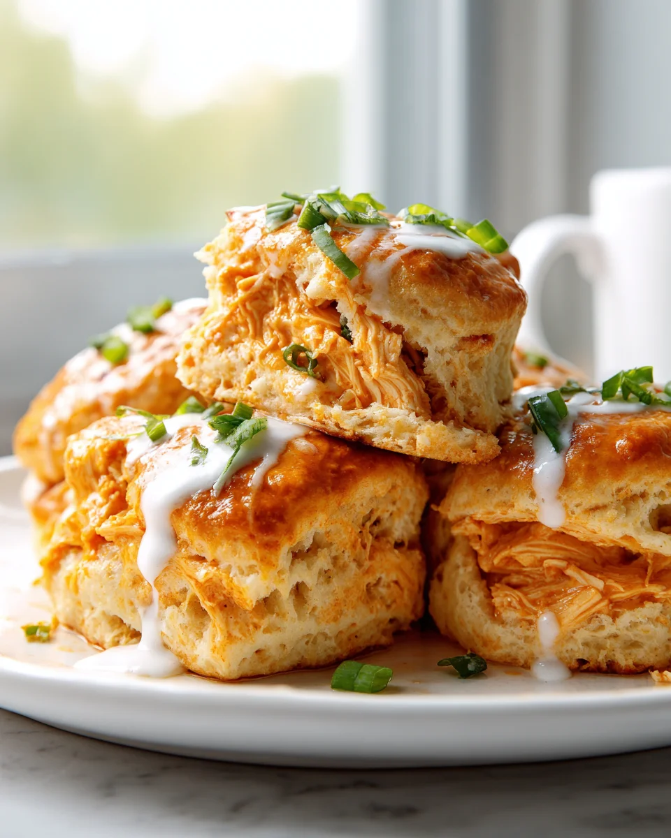 Knoblauchbutter-Biskuit-Buffalo-Hühnchen-Bomben mit Ranch-Tupfer