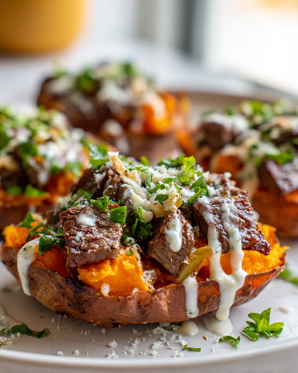 Air Fryer Steak gefüllte Süßkartoffeln mit Knoblauch-Parmesan-Sauce