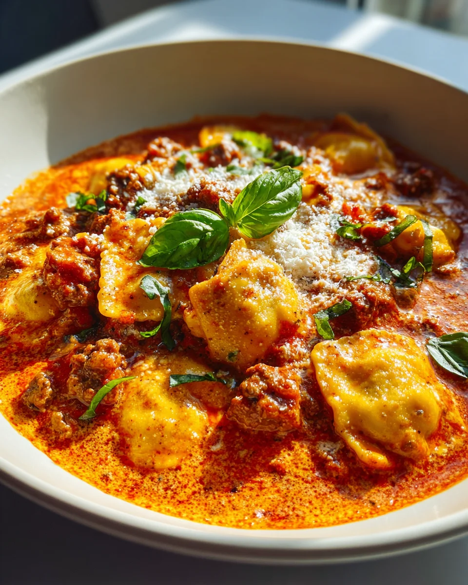 Pizzasuppe mit Hackfleisch und Ravioli in Tomatensauce