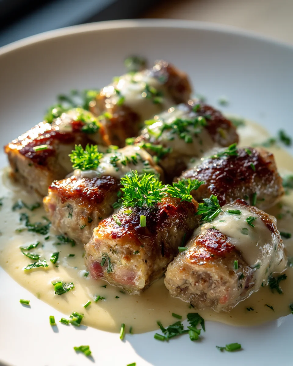 Herzhafte Hackröllchen mit Schinken und Sauce